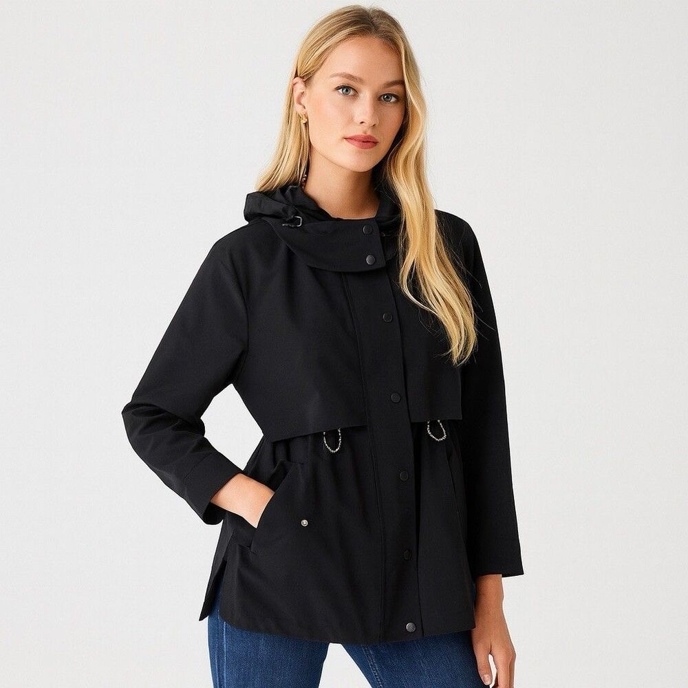 J Crew Rain Jacket XXL Tall Perfect Black Hooded Water Resistant Travel‎